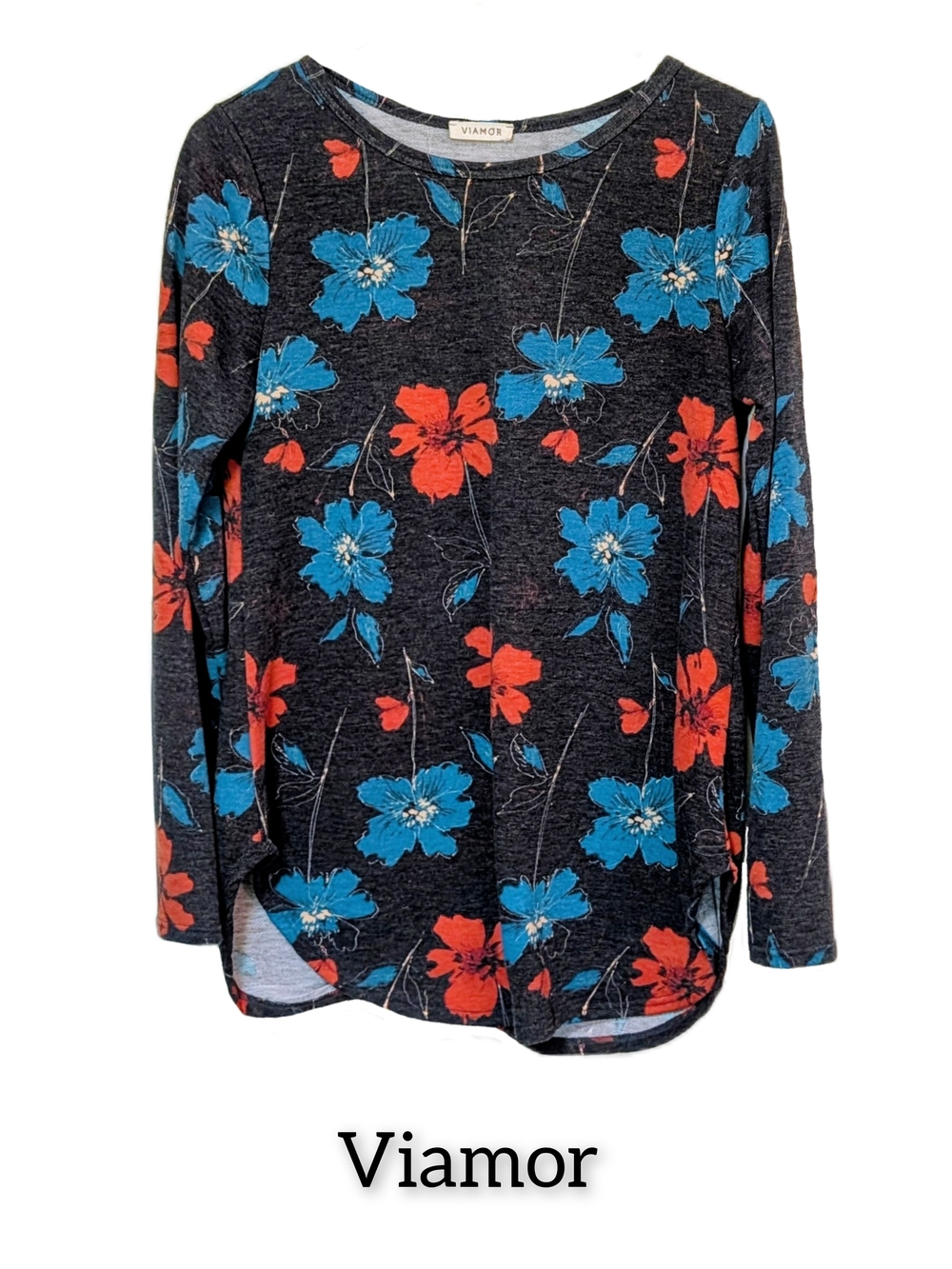 Floral Long Sleeve Top in Gray with Blue & Red Flowers
